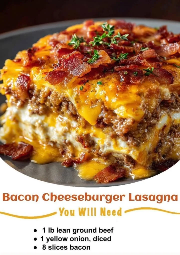Delicious Bacon Cheeseburger Lasagna on a sheet pan, garnished with herbs.