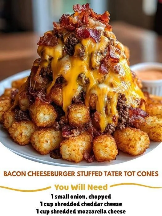 Bacon cheeseburger stuffed tater tot cones served on a plate.
