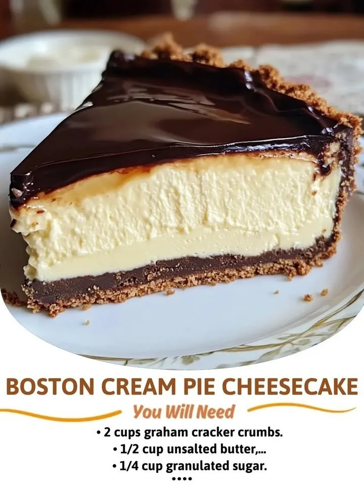 Boston Cream Pie Cheesecake slice topped with chocolate and vanilla cream