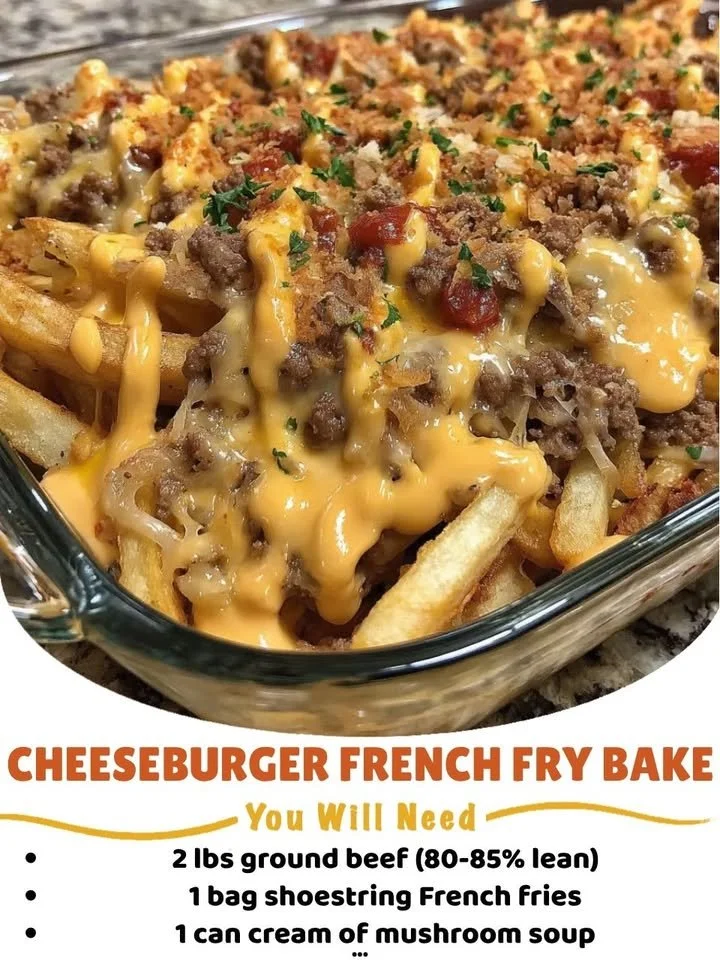 Cheeseburger French Fry Bake served in a casserole dish