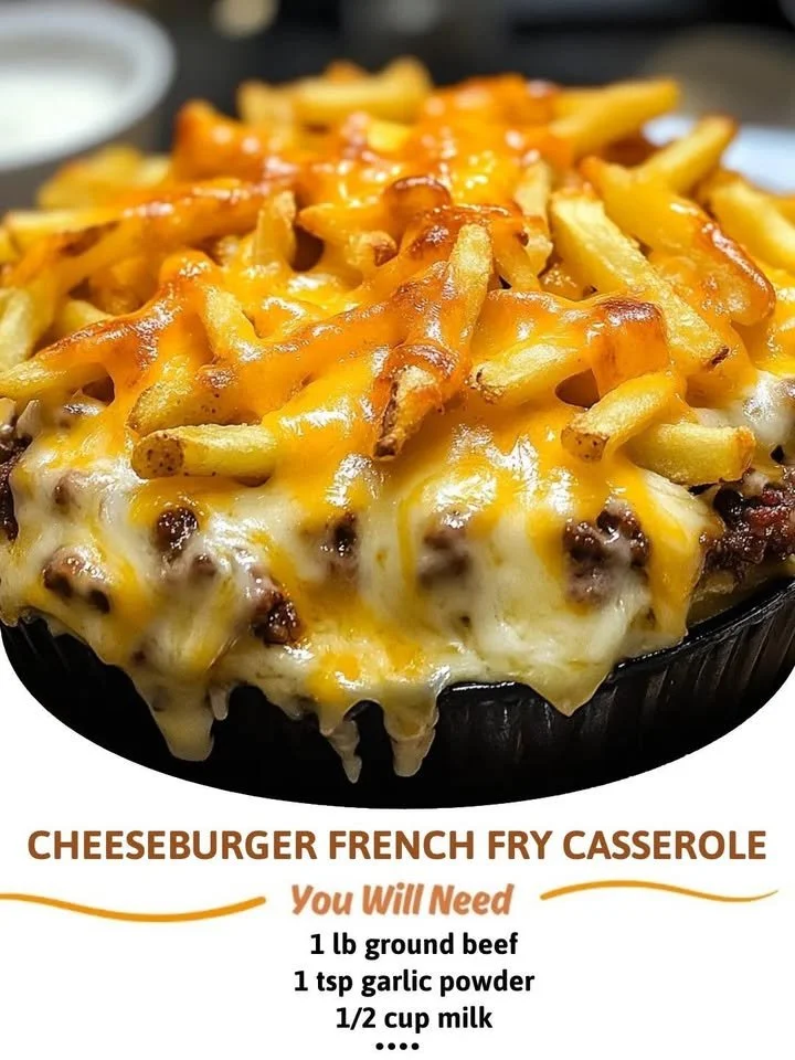 Cheeseburger Casserole topped with crispy French fries