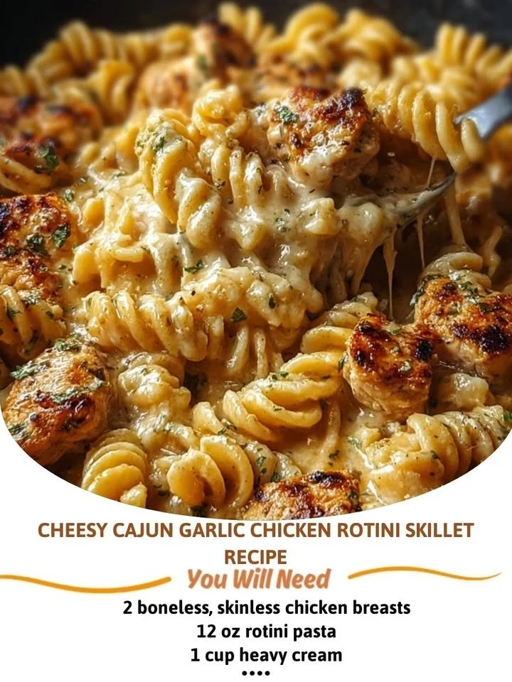 Delicious Cheesy Cajun Garlic Chicken Rotini Skillet ready to serve