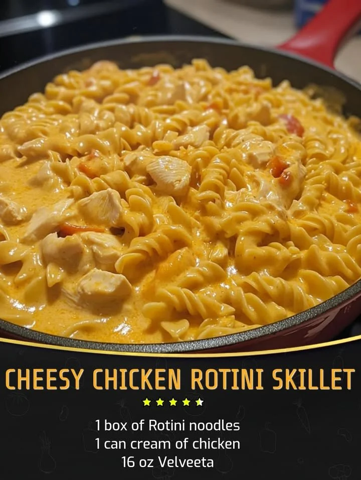 Cheesy chicken rotini skillet served in a pan with fresh herbs on top.