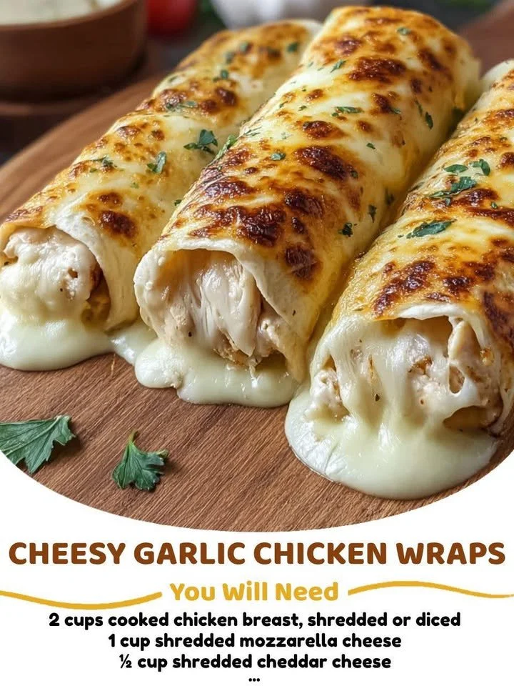 Delicious cheesy garlic chicken wraps with fresh ingredients and melted cheese