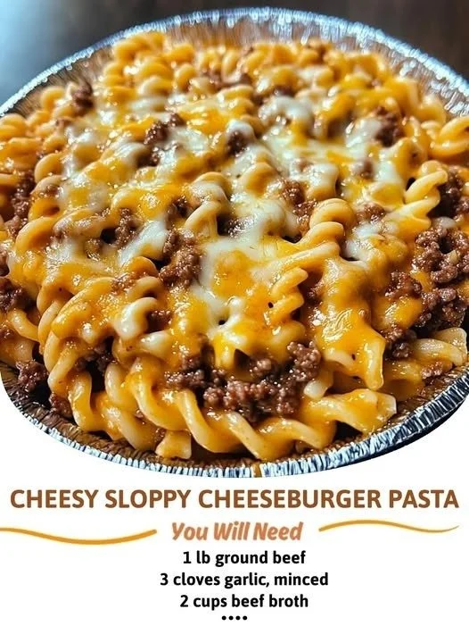 Bowl of cheesy sloppy cheeseburger pasta topped with melted cheese and herbs.
