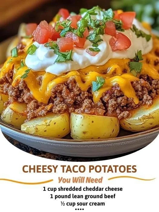 Cheesy taco potatoes topped with melted cheese and savory toppings