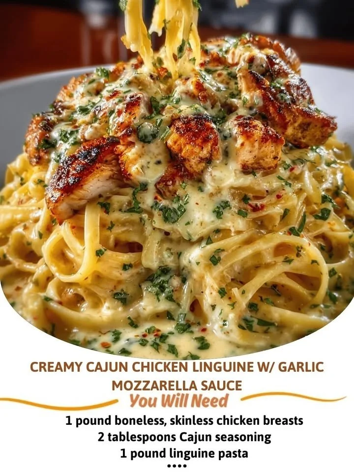 Creamy Cajun Chicken Linguine with garlic mozzarella sauce served in a bowl