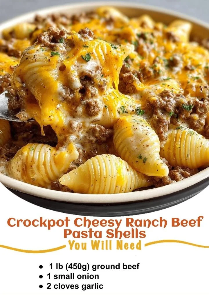 Crockpot Cheesy Ranch Beef Pasta Shells served in a bowl