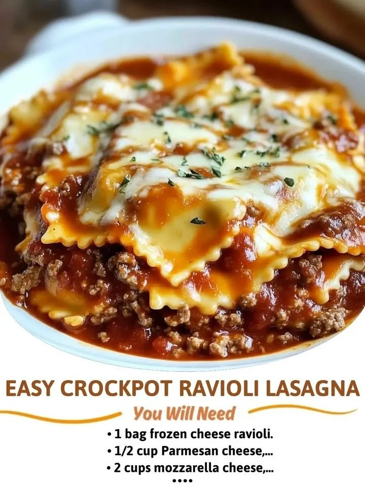 Easy Crockpot Ravioli Lasagna in a slow cooker with cheese and herbs