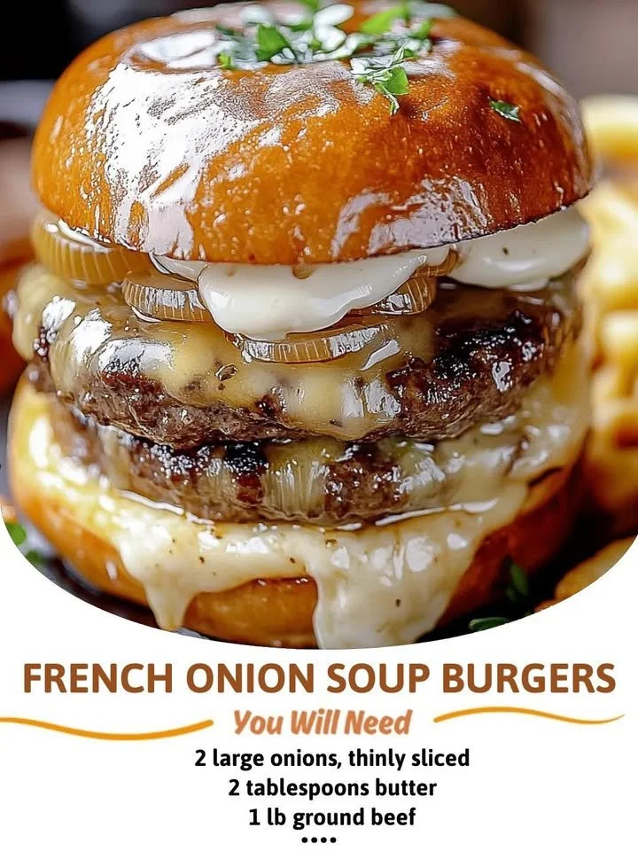 French Onion Soup Burgers topped with melted cheese and caramelized onions