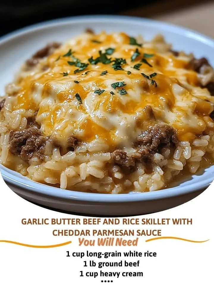 Garlic Butter Beef and Rice Skillet with Cheddar Parmesan Sauce