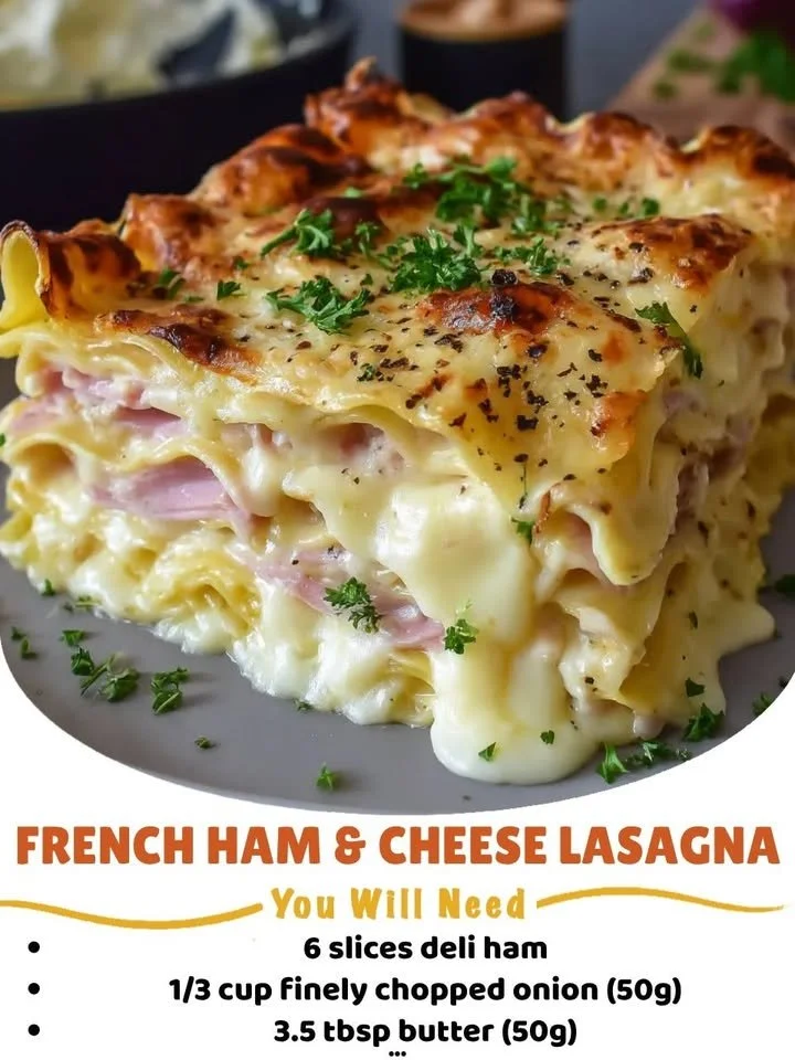 Delicious Ham & Cheese Lasagna with creamy Mornay sauce layered beautifully.