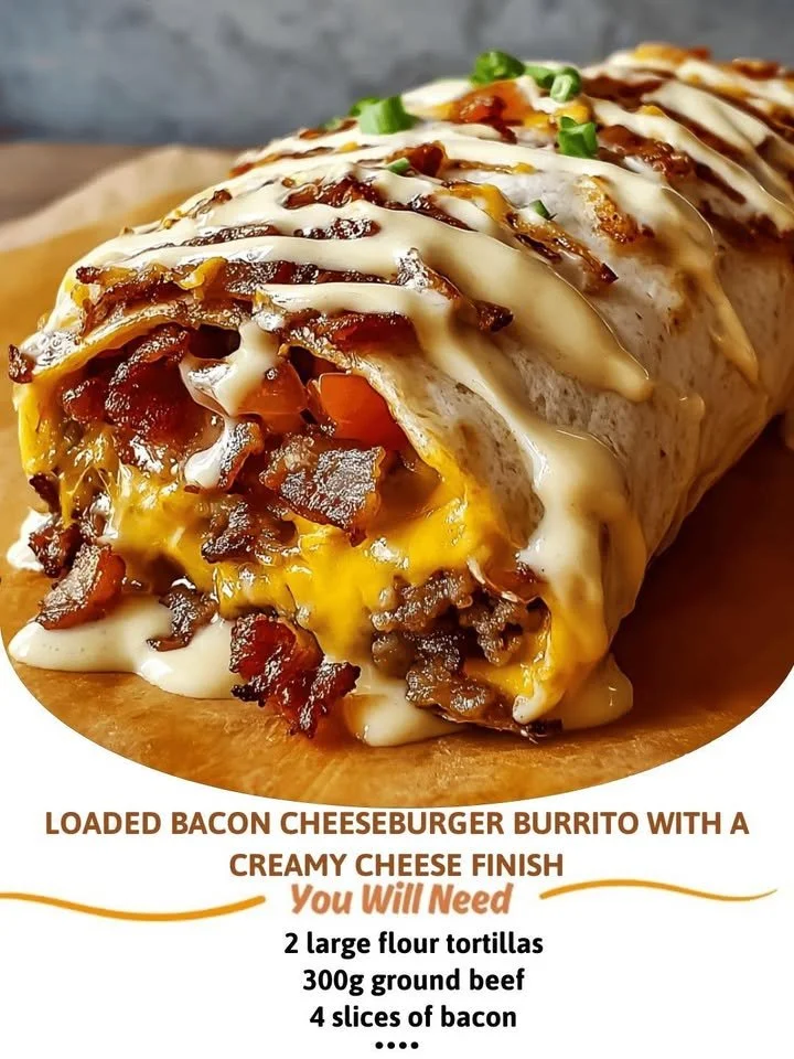 Delicious loaded bacon cheeseburger burrito topped with creamy cheese