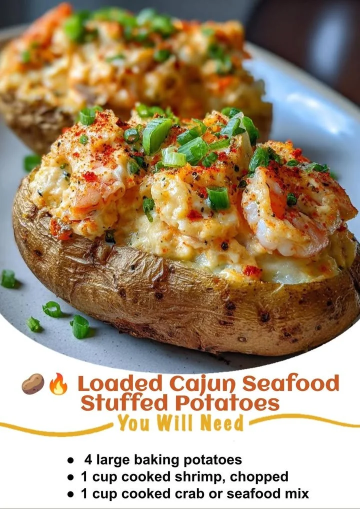Loaded Cajun seafood stuffed potatoes garnished with herbs and spices
