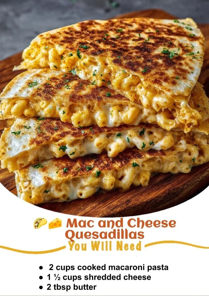Mac and Cheese Quesadillas served on a plate with melted cheese and crispy tortillas