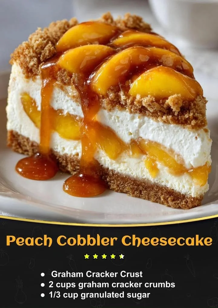 Slice of Peach Cobbler Cheesecake topped with fresh peaches and cobbler crust