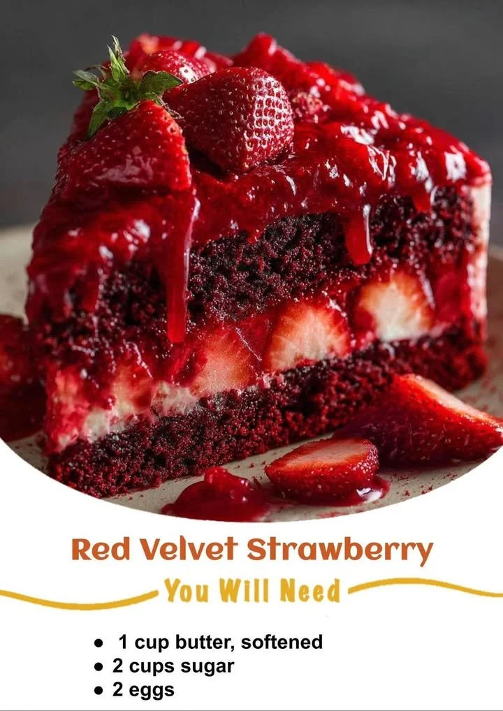Slice of Red Velvet Strawberry Cake topped with fresh strawberries and cream.