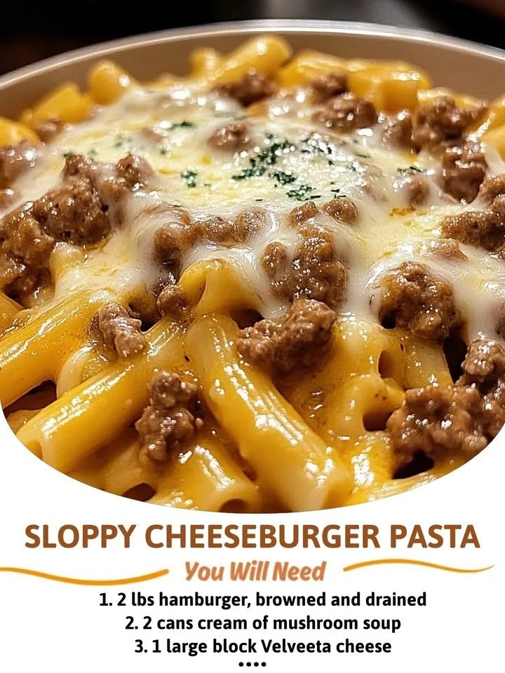A delicious bowl of Sloppy Cheeseburger Pasta topped with cheese and garnished with parsley.