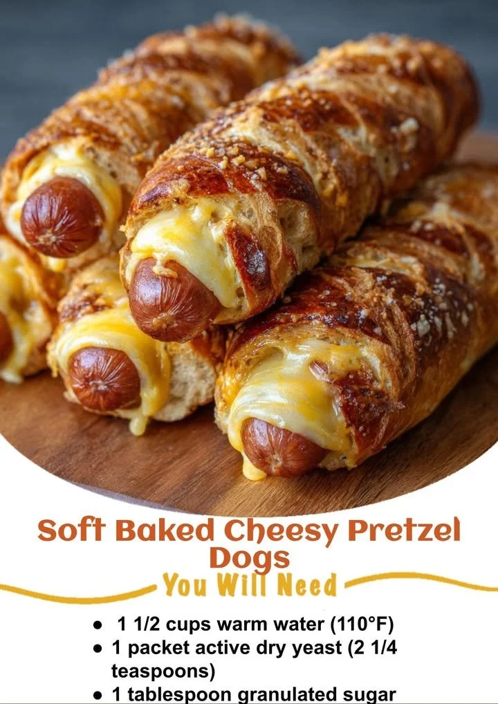 Soft baked cheesy pretzel dogs served with mustard and cheese sauce
