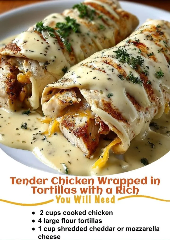 Tender chicken wrapped in tortillas with creamy cheese sauce