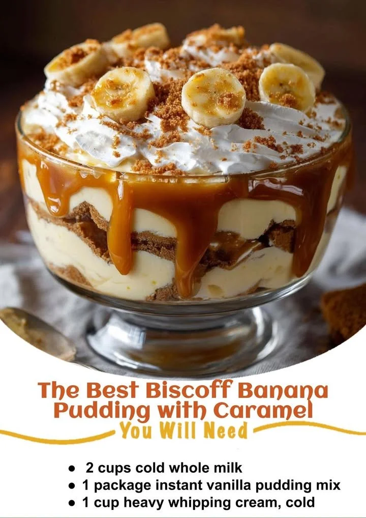 Delicious Biscoff banana pudding topped with caramel and cookie crumbles